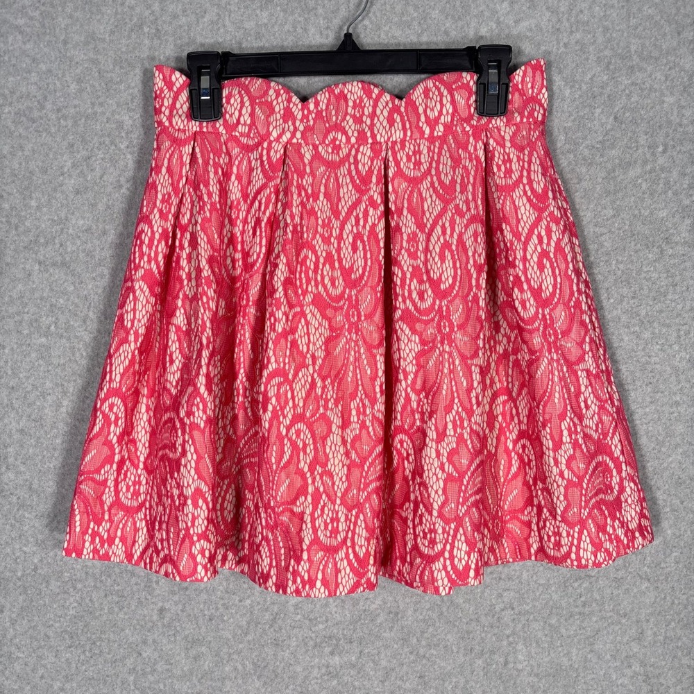 Blue Rain Pleated Lace Mini Skirt Large Coral Pink Scalloped Coquette Preppy